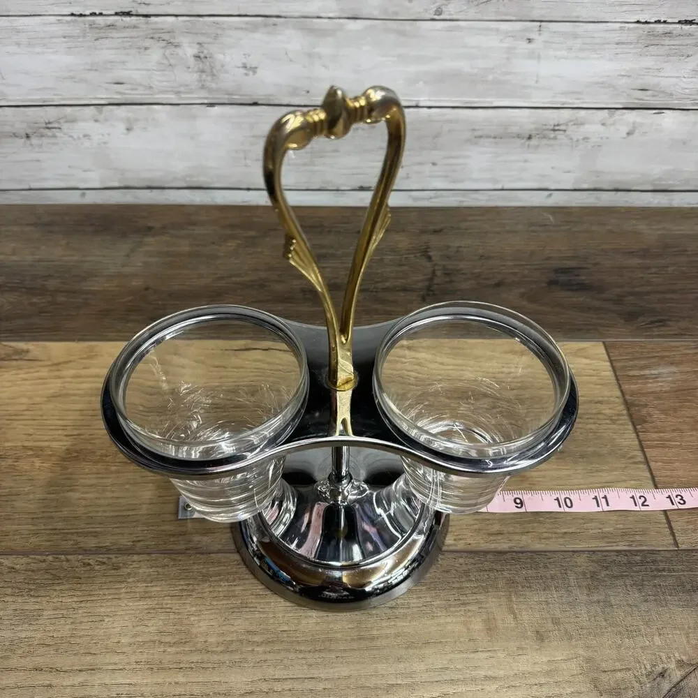 Vintage Kromex Chrome & Brass 3 Piece Condiment Caddy, Handle